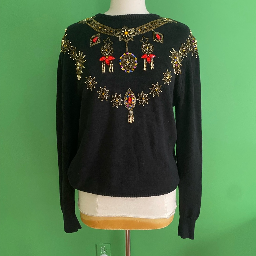 80s vintage Cervelle Embellished Black Sweater festive beaded